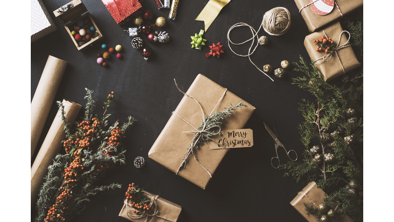 Christmas gifts, table top flat lay