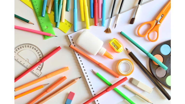 Directly Above Shot Of Various School Supplies On Table