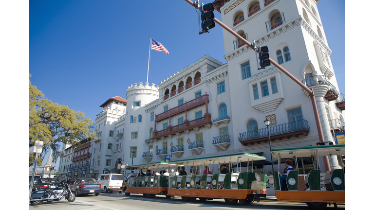 Cable car in front of a building, St. Augustine, Florida, USA