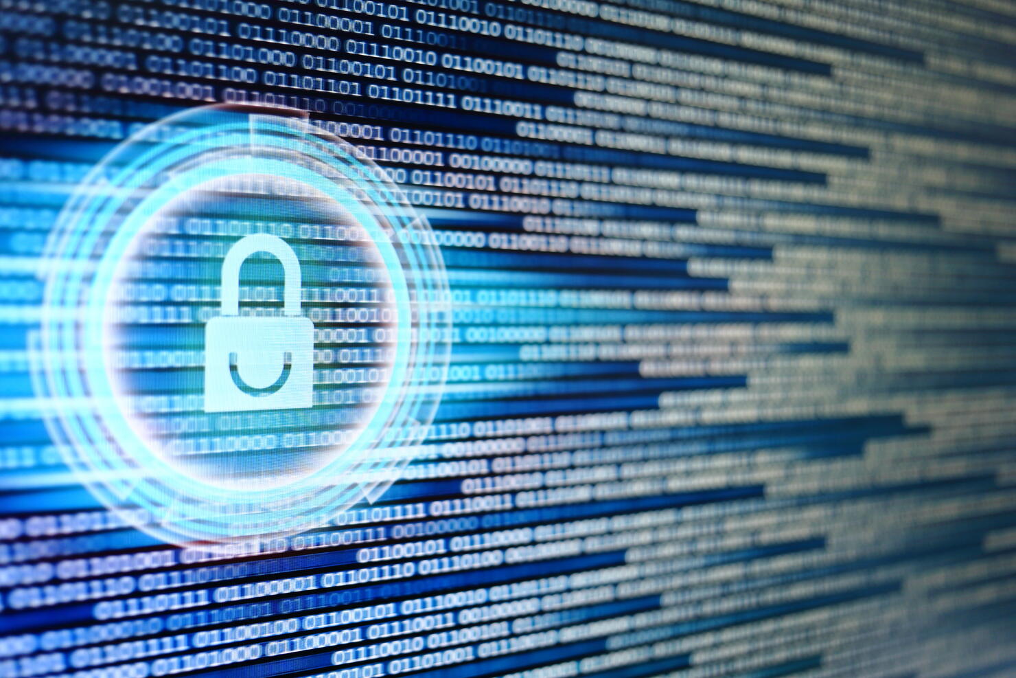padlock icon on LED computer display screen with binary code moving in the background. password and data privacy protection in internet data transfer concepts. cyber network security blue color.