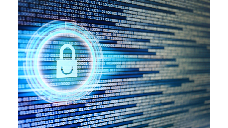 padlock icon on LED computer display screen with binary code moving in the background. password and data privacy protection in internet data transfer concepts. cyber network security blue color.