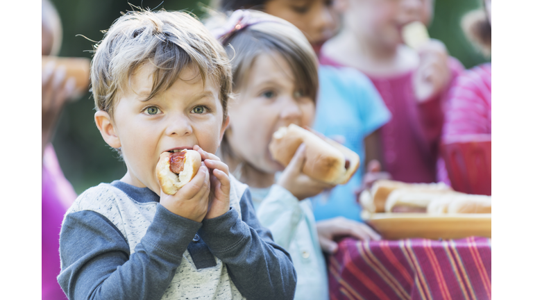 Little boy eating a hotdog at a cookout