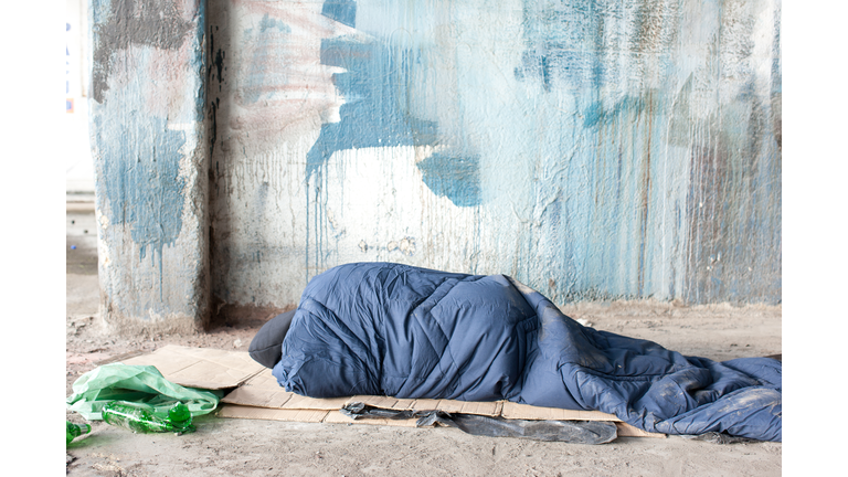Homeless man sleeping in sleeping bag on cardboard