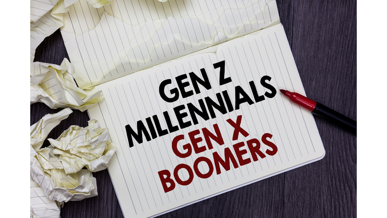 Writing note showing Gen Z Millennials Gen X Boomers. Business photo showcasing Generational differences Old Young people Marker over notebook crumpled papers pages several tries mistakes.