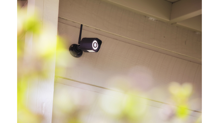 Outdoors security camera screwed into house wall with hedge foreground