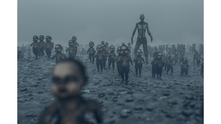 Master zombie with walking dead zombie children