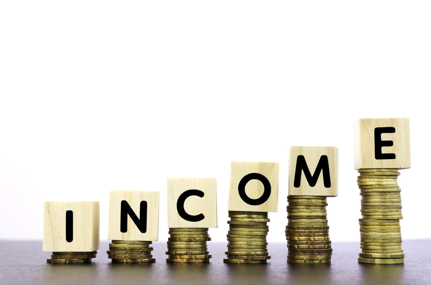 Income Word on Wood Block on Top of Coins Stack