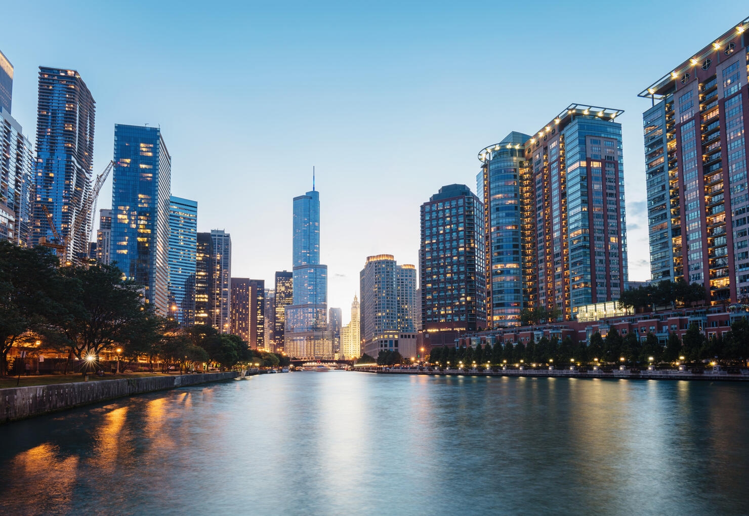 Chicago River Cityscape Twilight Dusk