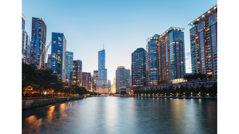 Chicago River Cityscape Twilight Dusk