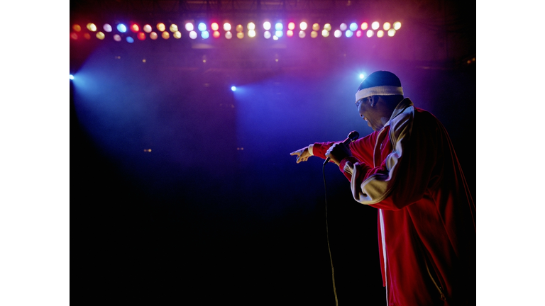 Comedian standing on stage pointing towards audience, rear view