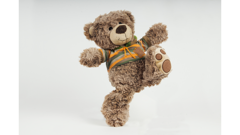 brown stuffed bear kicking