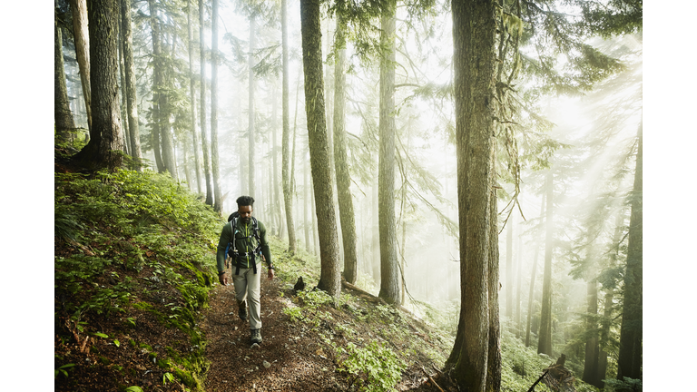 Man hiking along trail in forest on foggy morning