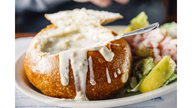 Clam chowder served in a bread bowl