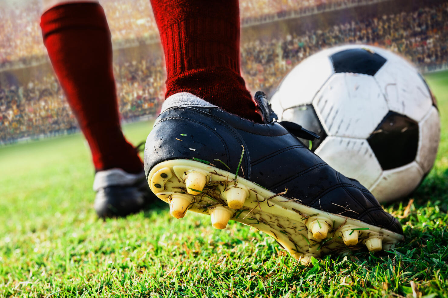 Low Section Of Player Kicking Soccer Ball On Field
