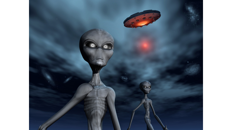 Grey Aliens and their flying saucer, visiting Earth.