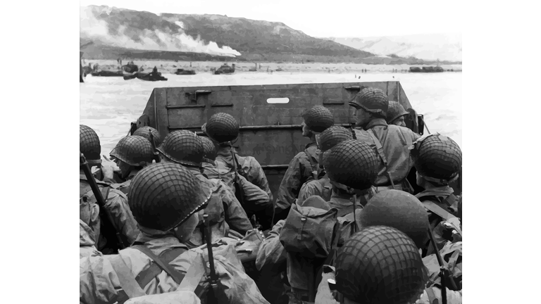 Digitally restored vector photo of American troops in a landing craft.