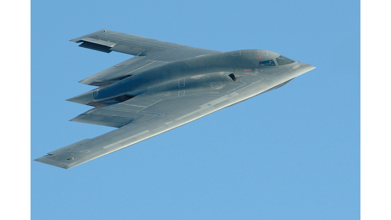 Close-up photo of a B-2 stealth bomber in flight