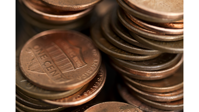 Loose stacks of US pennies, full frame