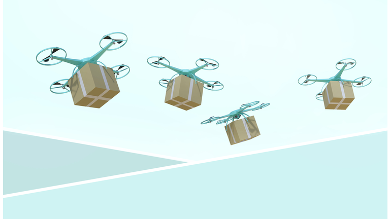 Drone quadcopter Packages and transported in high-tech logistics online shopping on pastel Green background - 3d rendering