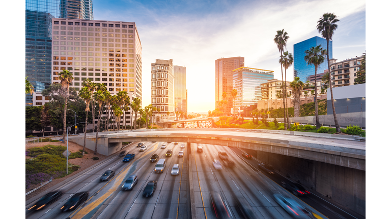 Downtown Los Angeles traffic at sunset