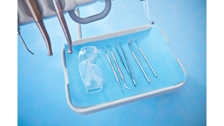 Dental Instruments, Goggles in Tray, Close up
