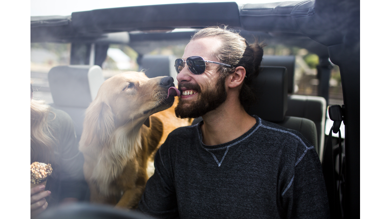 Dog licking young mans bearded face in jeep