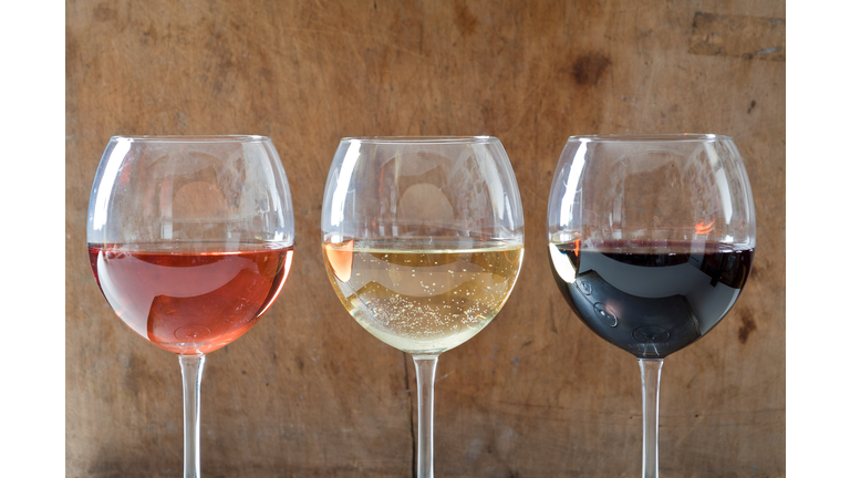 Rose, white and red wines in glasses