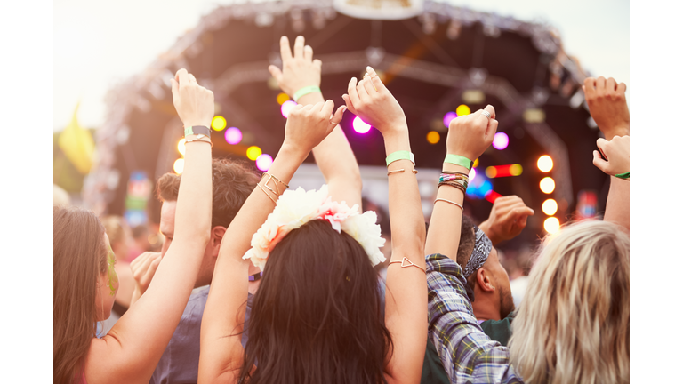 Audience with hands in the air at a music festival