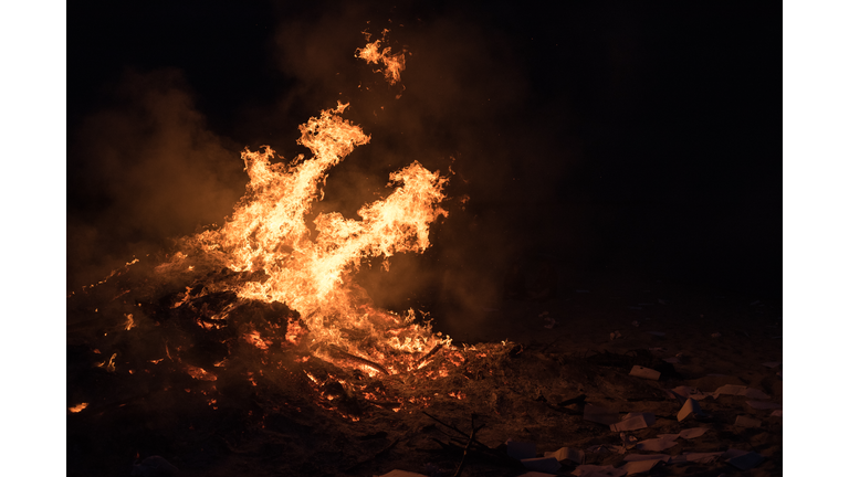 A burning bonfire.