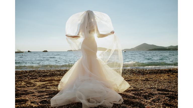 Bride Standing At Beach Against Sky