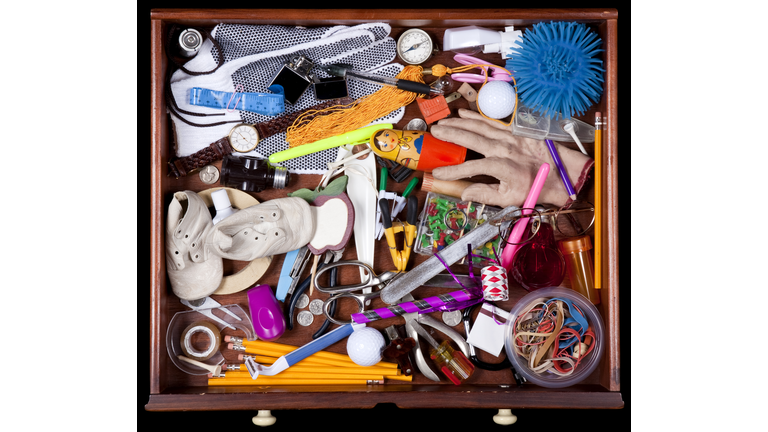 Junk Drawer with many miscellaneous objects