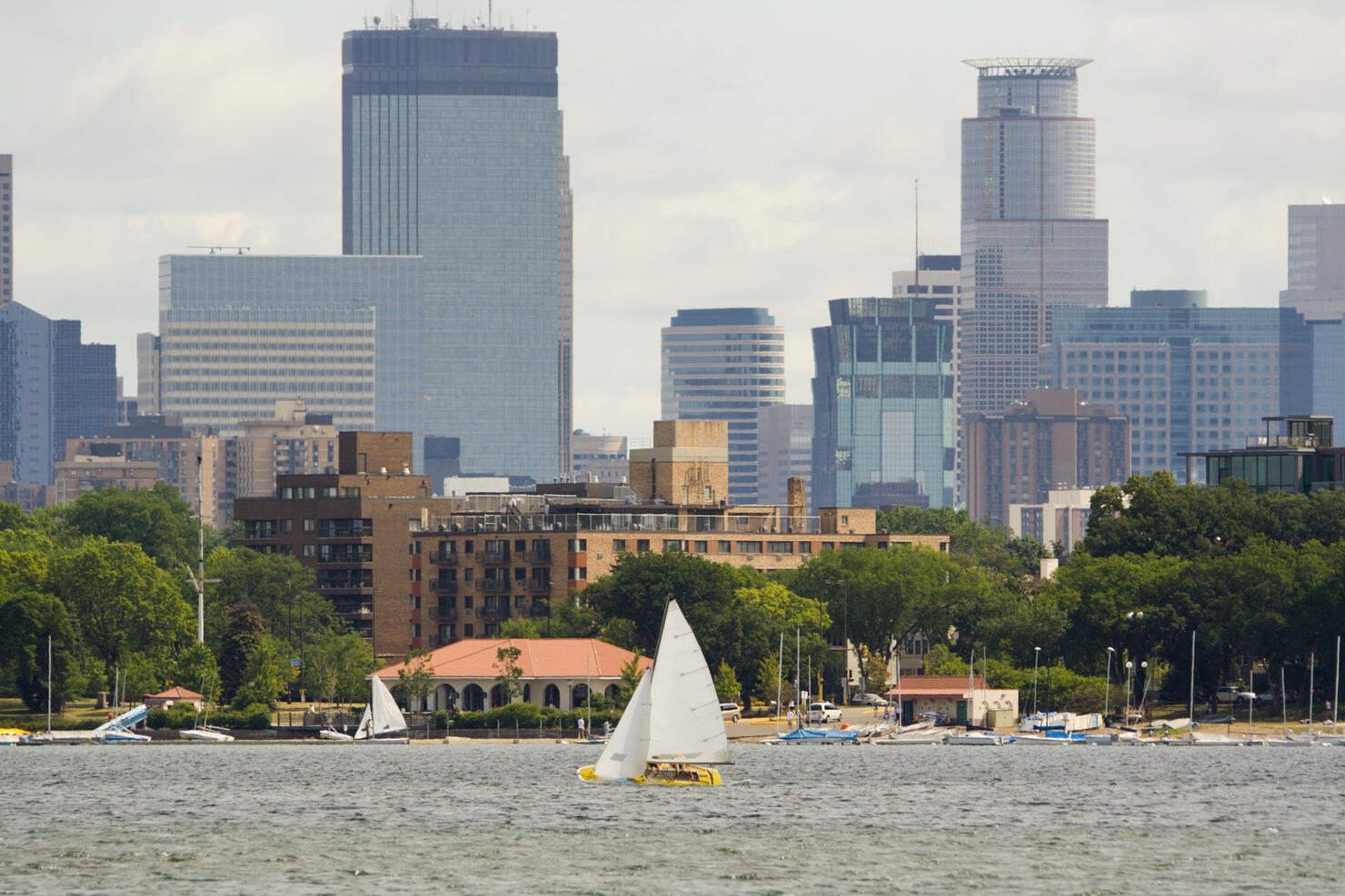 Minneapolis, Minnesota City Downtown Urban Skyline with Lake Calhoun Sailboats