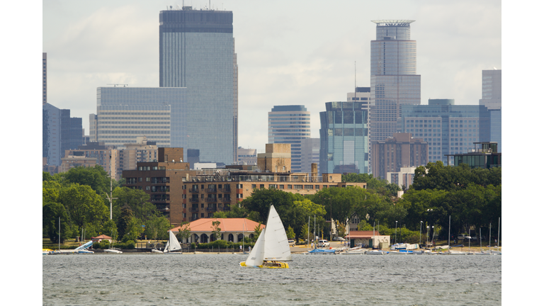 Minneapolis, Minnesota City Downtown Urban Skyline with Lake Calhoun Sailboats