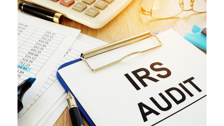 IRS audit documents with clipboard on a desk.