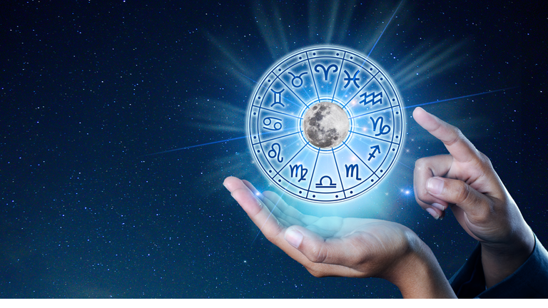 Zodiac signs inside of horoscope circle. Astrology in the sky with many stars and moons  astrology and horoscopes concept