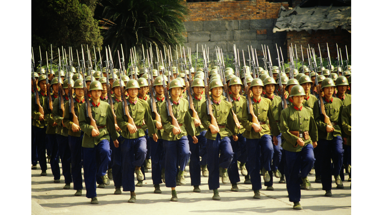 Army soldiers marching in a parade, Chengdu, Sichuan Province, China