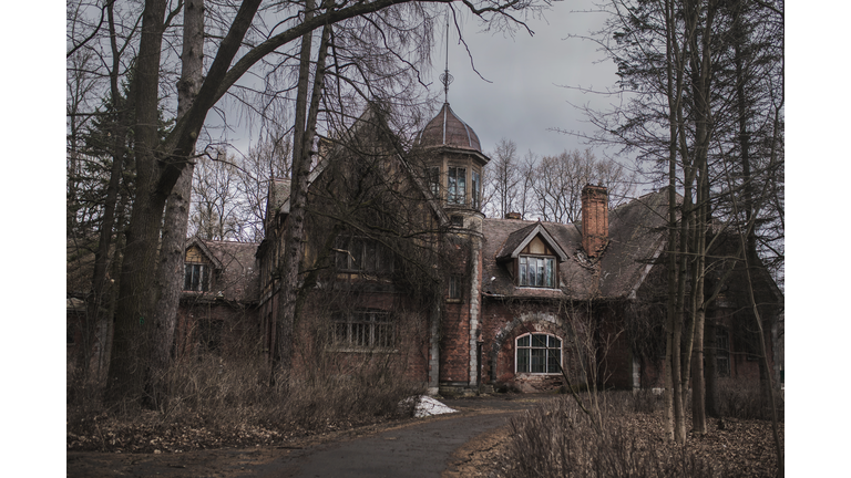 Old abandoned gothic house. The ruined mansion stands in the park. Gothic background. Halloween party place