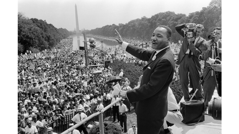 Black American civil rights leader Martin Luther King (1929 - 1968) addresses crowds during the March On Washington at the Lincoln Memorial, Washington DC, where he gave his 'I Have A Dream' speech. (Photo by Central Press/Getty Images)