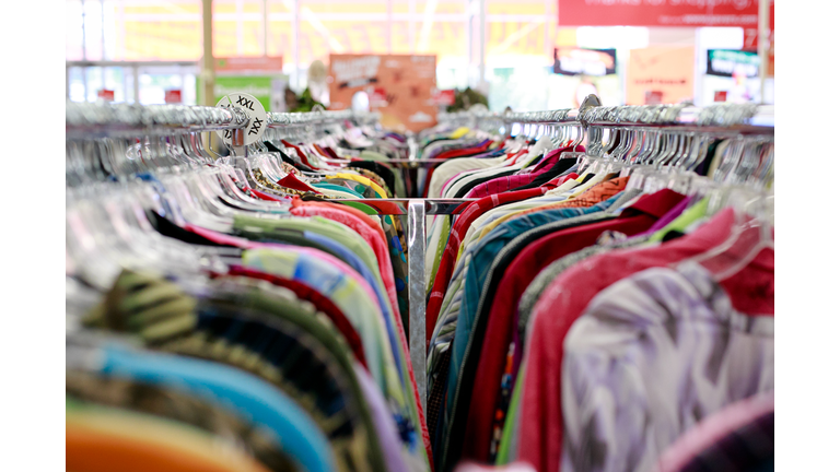 Thrift store clothing racks