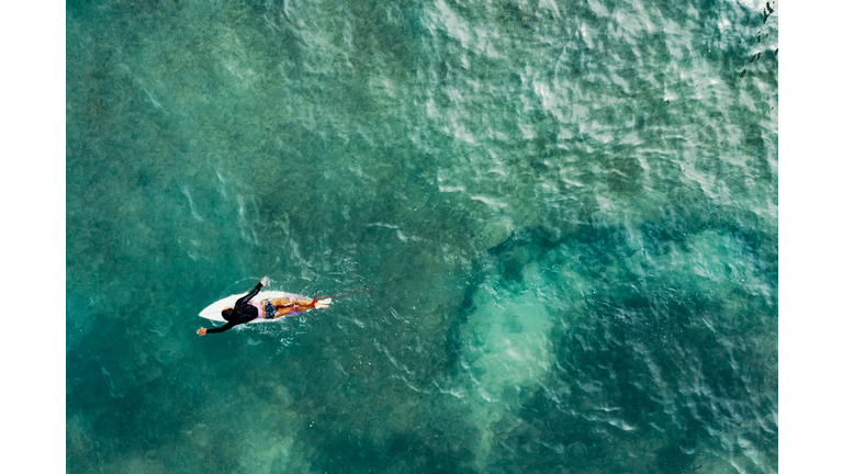 Directly above of a mature woman on a surfboard paddling out to the waves while surfing