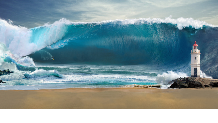 Tsunami big wave on surfing beach