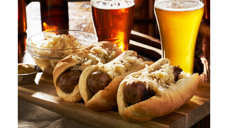 german bratwursts and sauerkraut with beer go with our Hot Links!