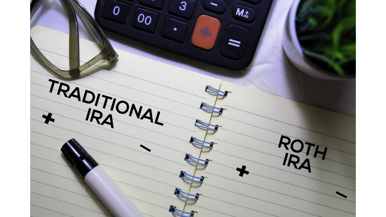 Traditional IRA and Roth IRA text on a book isolated on office desk.