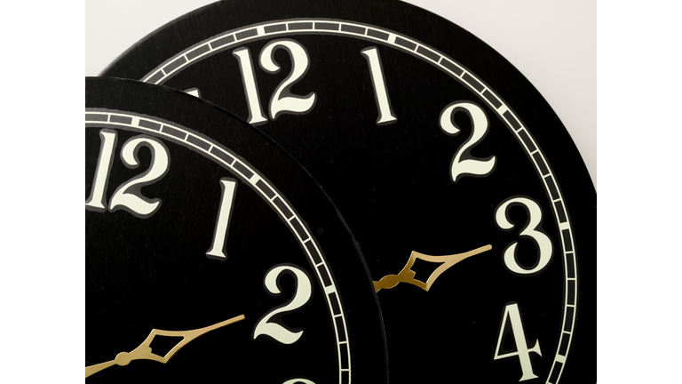 Clock Black Faces showing Time Change Gold Hands Light Numbers