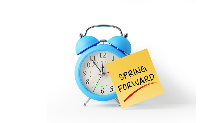 Blue Alarm Clock And A yellow Post It Not On White Background