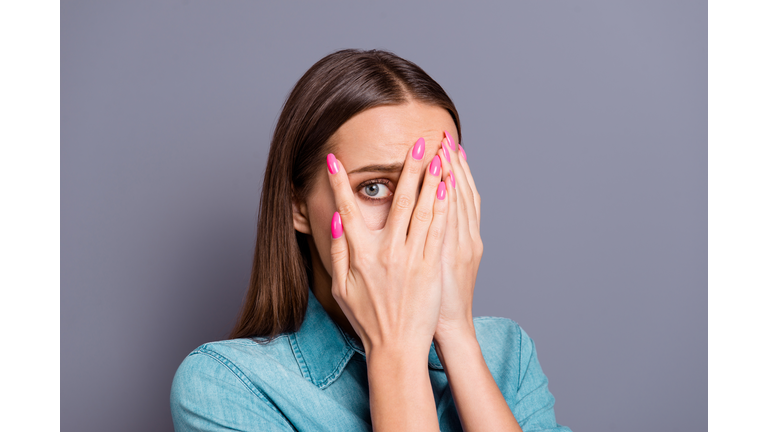 Close up studio photo portrait of sad upset unhappy afraid scare
