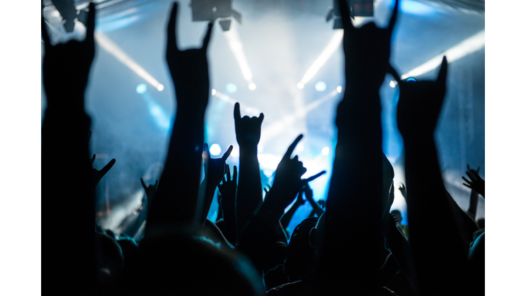 Rock concert audience with raised hands