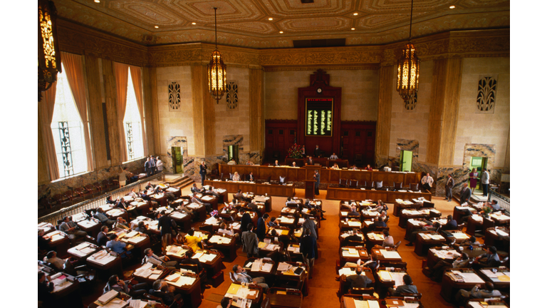 House Chamber of the Louisiana State Capitol, Baton Rouge. The 34-story Art-Deco skyscraper was built in 1931 under the guidance of Governor Huey P Long