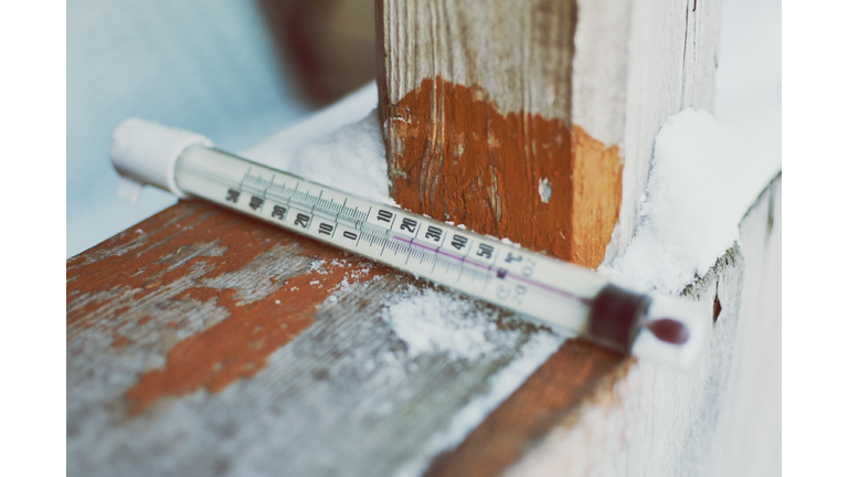 Close-Up Of Thermometer On Wooden Railing During Winter