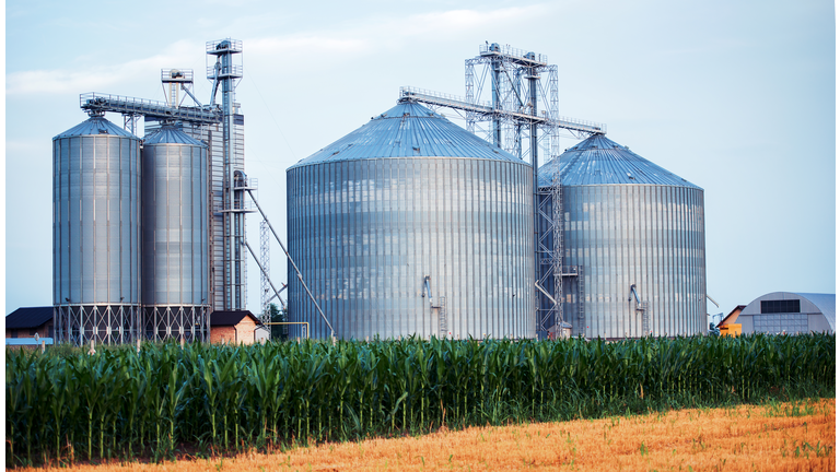 Silos for storing grain harvest. Concept of agriculture and industry